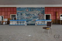 one chair in empty dining hall